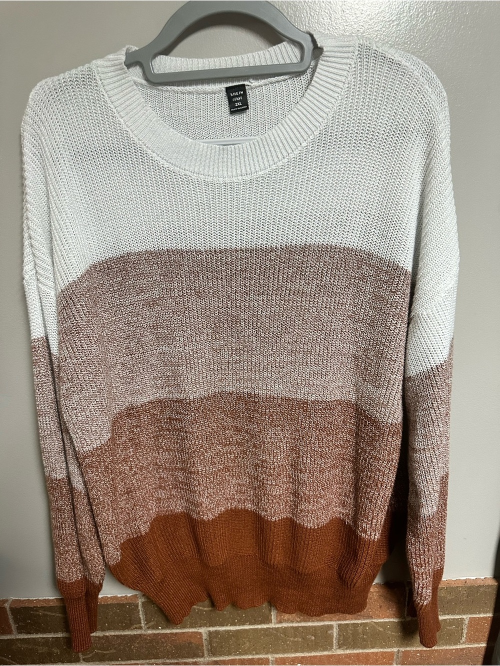 SHEIN White, Light Brown & Rust Colorblock Crew Sweater